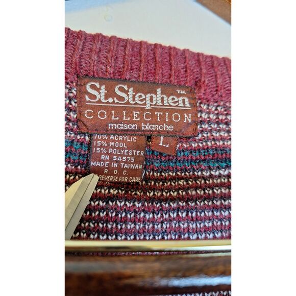 Vintage 90's V-Neck Sweater Men's L Wool Blend Thick Knit Grandpa Cosby Preppy - Picture 2 of 4